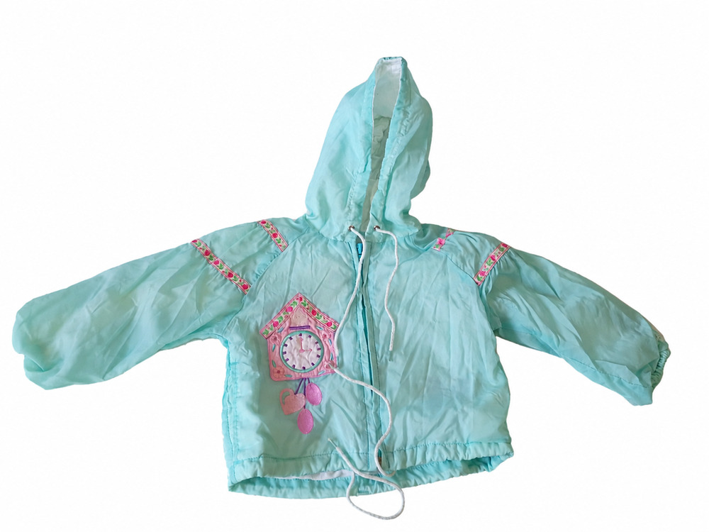 Girls Mint Aqua Hooded Windbreaker Jacket Pink Cuckoo Clock Appliqué